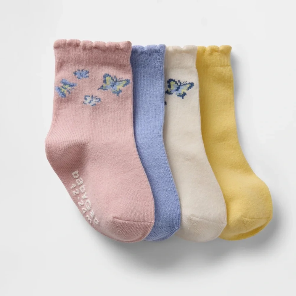 Gap SET OF 4 BUTTERFLY 🦋 CREW SOCKS PINK YELLOW GIRLS 2-3